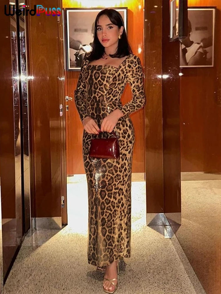 Weird Puss Square Collar Dress Women Sequins Leopard 2025 Spring Y2K Backless Full Sleeve Skinny Midnight Party Clubwear Bodycon D4