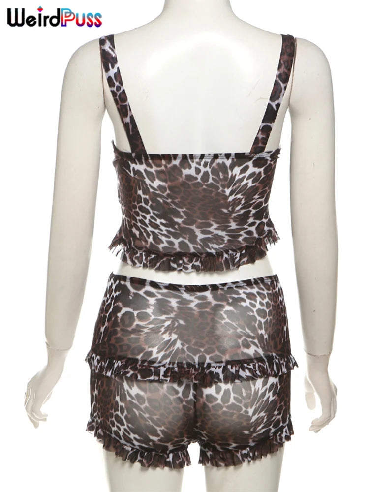 Weird Puss See Through Sexy 2 Piece Set Women Leopard Print Single-Breasted Camisole+Ruffles Shorts Summer Matching Clubwear