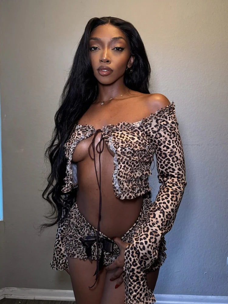 Weird Puss Leopard Print Sexy 2 Piece Set Women Elegant Lace Up Slash Neck Crop Tops+Elastic Shorts Matching Streetwear Outfits D4