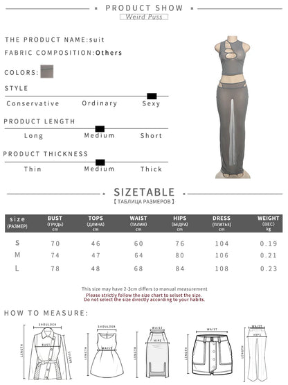 Weird Puss See Through Women 2 Piece Set Sexy Hollow Tank Tops+High-Waist Long Skirts Clubwear Midnight Stretch Matching Outfits D4