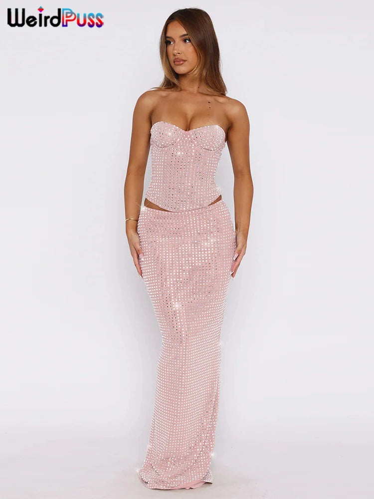 Weird Puss Sequins Patchwork 2 Piece Set Women Sexy Cleavage Strapless Top+Elastic Waist Slits Skirts Matching Elegant Suits