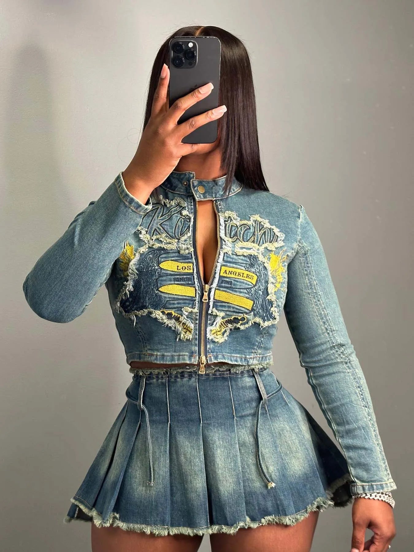 Weird Puss Y2K Denim 2 Piece Set Women Fall Ripped Letter Embroidery Zip Jacket+Pleated Skirt Matching Street Hipster Outfits