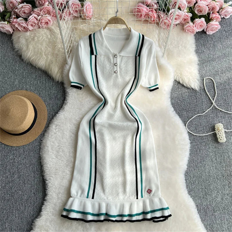 Girls Of Fashion Contrast Stripe Dress Women Knitted Polo-Neck Short Sleeve Ruffles Stretch Hem  Casual Trend Streetwear Mini Bodycon //