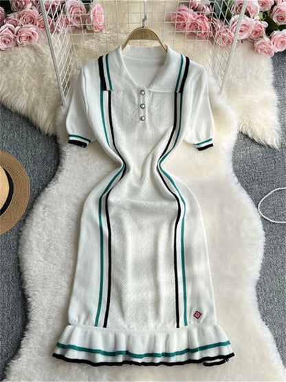 Girls Of Fashion Contrast Stripe Dress Women Knitted Polo-Neck Short Sleeve Ruffles Stretch Hem  Casual Trend Streetwear Mini Bodycon //