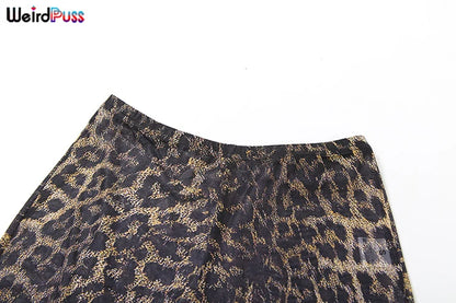 Weird Puss Leopard Print Sexy 2Piece Set Women See Through Midnight Full Sleeve Crop Tops+Pants Matching Clubwear Skinny Outfits