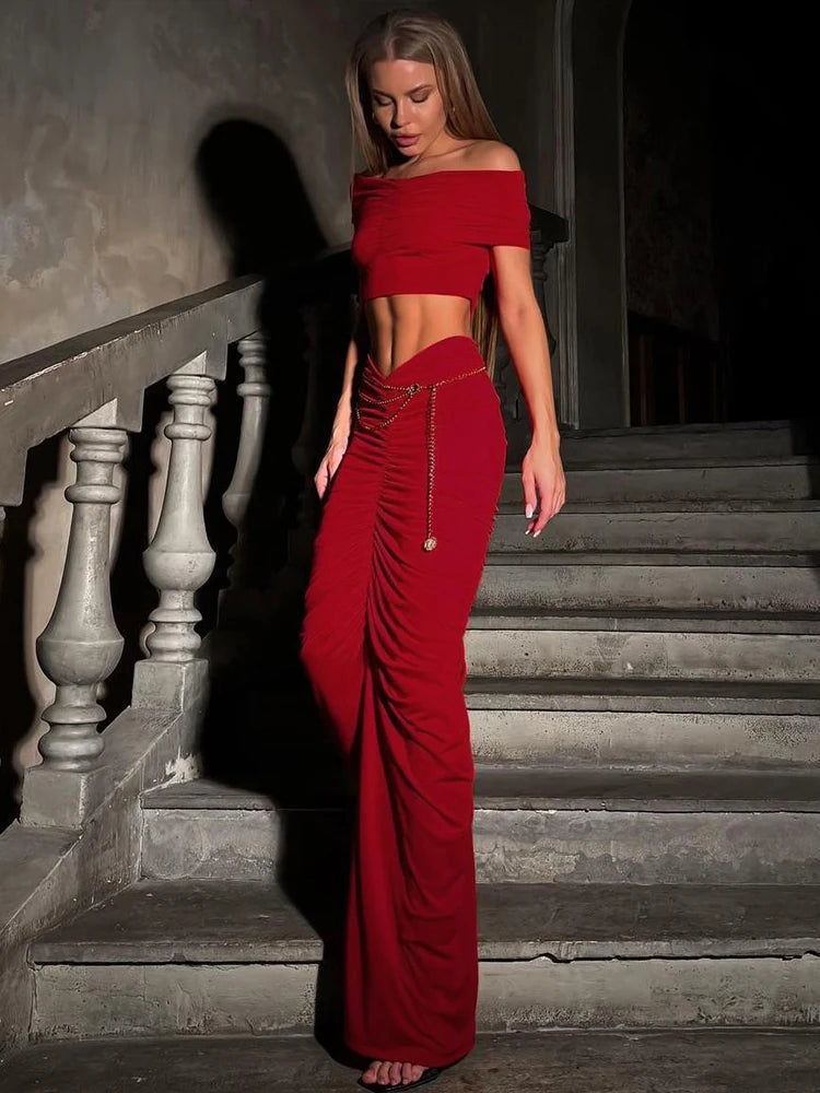 Weird Puss Elegant Ruched 2 Piece Set Women Slash Neck Crop Tops+Elastic Waist Solid Long Skirts Matching Prom Skinny Outfits D4