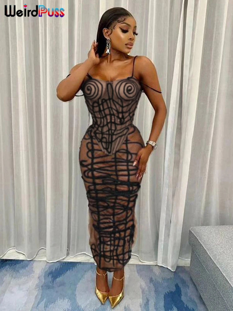 Weird Puss Stripe Print Sexy 2 Piece Set Women See Through Coquette Camisole+Long Skirts Midnight Clubwear Party Matching Suits