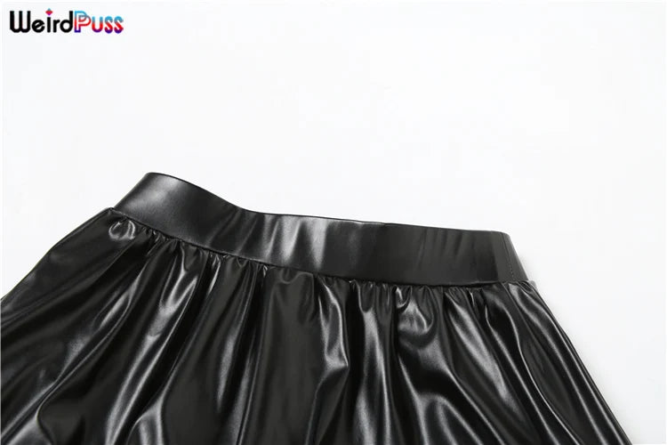 Girls Of Fashion Leather Hipster 2 Piece Set Women Irregular Skew Collar Crop Tops+Wide Waist Puffy Skirt Matching Streetwear Outfits