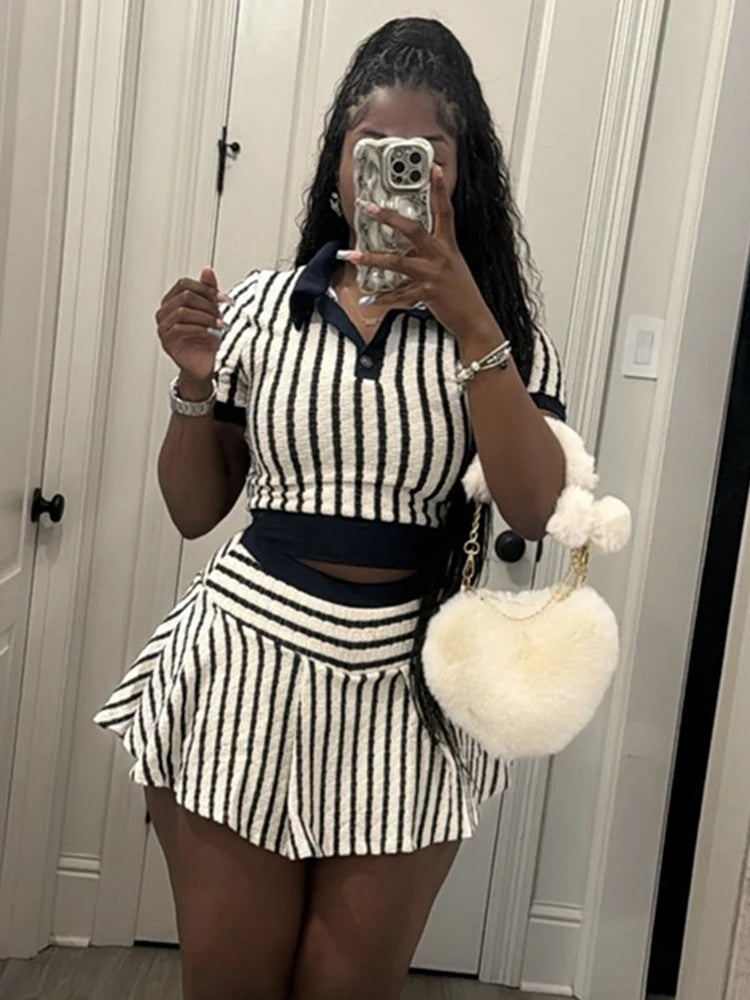 Girls Of Fashion Black White Striped 2 Piece Set Women Button Polo-Neck Short Sleeve Crop Tops+Ruched Skinny Skirts Street Trend Suits