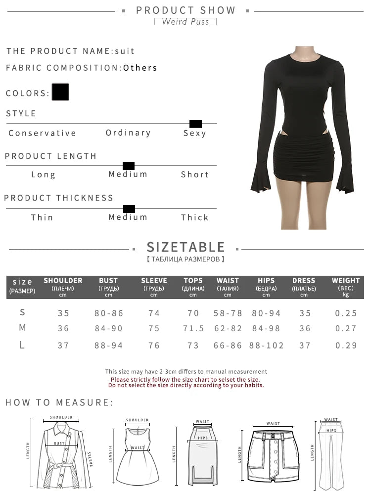 Weird Puss Y2K Hipster 2 Piece Set Women o-Neck Backless Flared Sleeve Bodysuit+Pleat Skinny Stretch Mini Skirt Sexy Street Suit