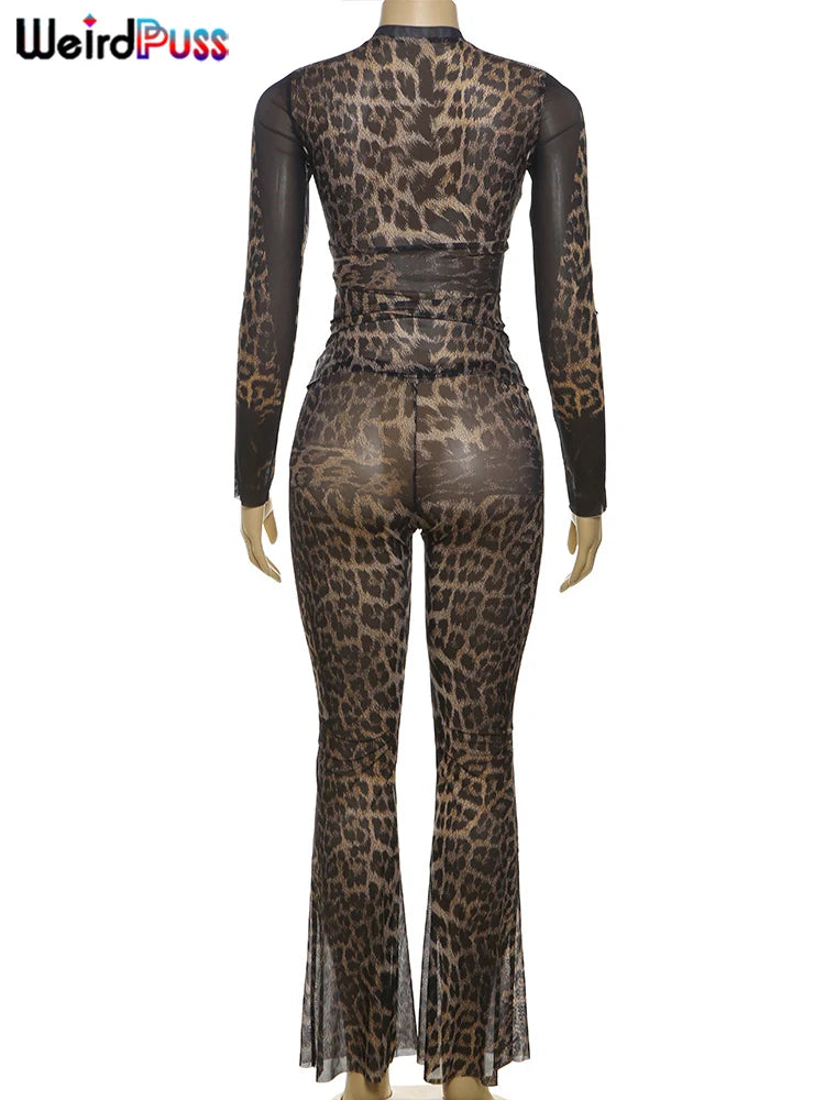 Weird Puss Leopard Print Sexy 2Piece Set Women See Through Midnight Full Sleeve Crop Tops+Pants Matching Clubwear Skinny Outfits