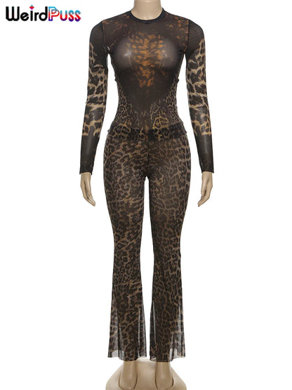 Weird Puss Leopard Print Sexy 2Piece Set Women See Through Midnight Full Sleeve Crop Tops+Pants Matching Clubwear Skinny Outfits