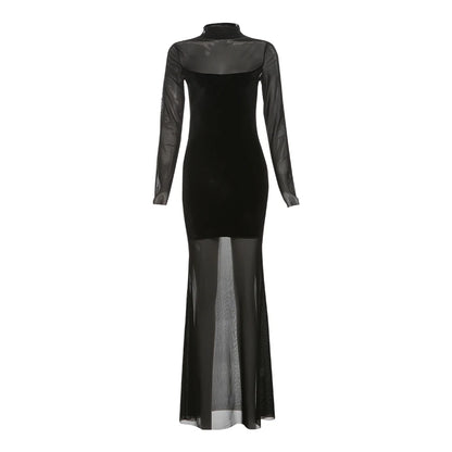 Weird Puss Patchwork Velvet Dress Women Turtleneck See Through Full Sleeve Skinny Trend Sexy Banquet Party Elegant Long Bodycon %