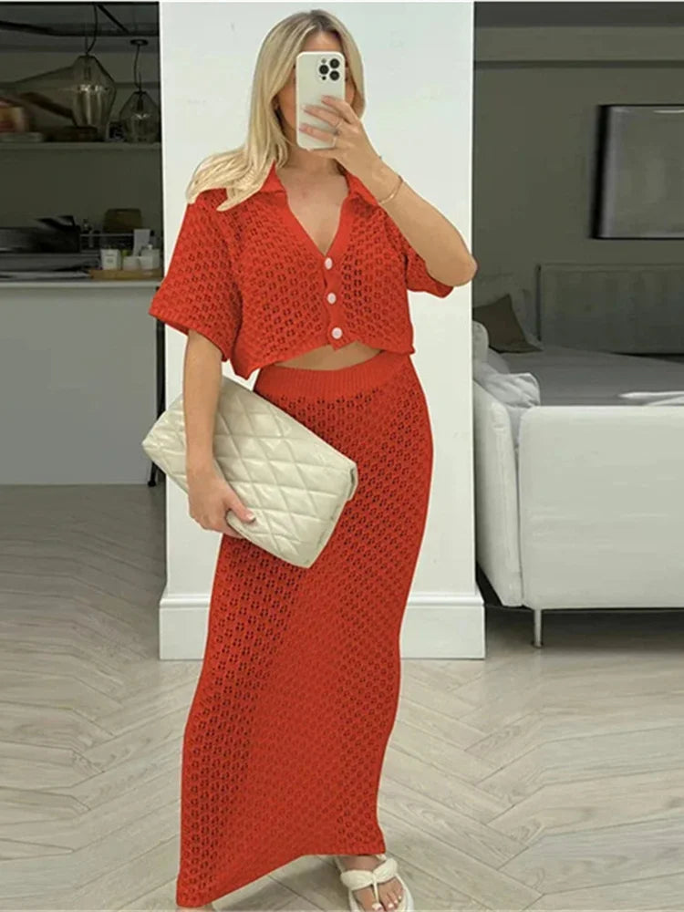 Girls Of Fashion Crochet Elegant 2 Piece Set Women Cardigan Single Breasted Short Sleeved Jacket+Simple Stretch Solid Long skirts Suit