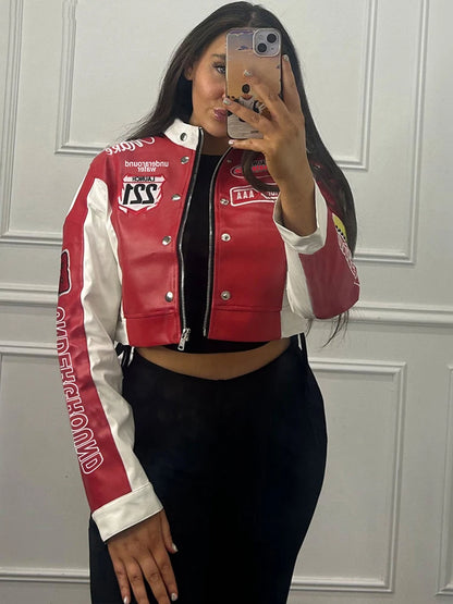 Girls Of Fashion Hipster Patchwork Jacket Women Y2K Letter Print Hipster Uniform Street Single-Breasted Hipster Autumn Trend Zip Coat //