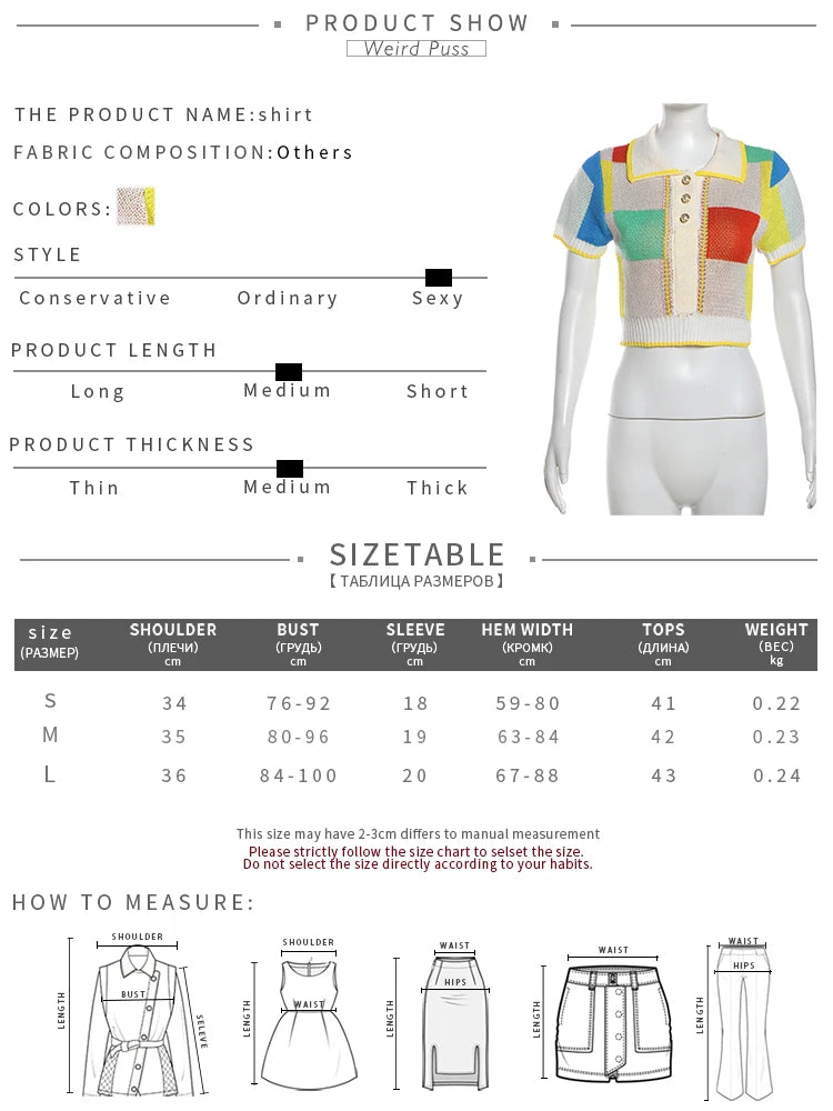 Weird Puss Knit Women 2 Piece Set Colorful Diamond Button Shorts Sleeve Polo Neck Crop Tops+Irregular Skirts Matching Streetwear