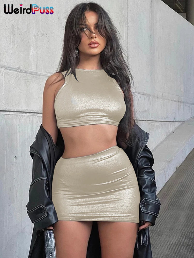 Weird Puss See Through Shiny 2 Piece Set Women Waistless Simple Tank Tops+Shirring Hip Skirt Matching Streetwear Trend Outfits