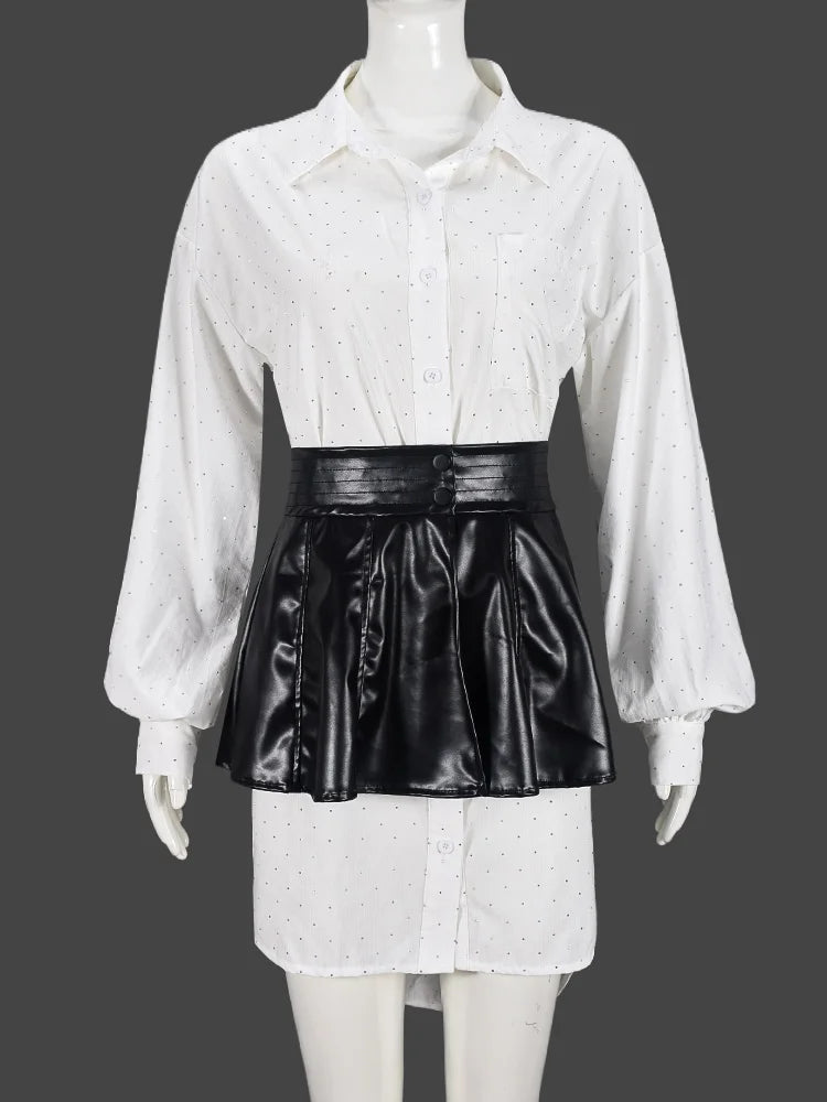 Girls Of Fashion Contrast Casual 2 Piece Set Women Rhinestones Single-Breasted Puff Sleeve Shirt+High-Waisted Leather Mini Skirts Suit