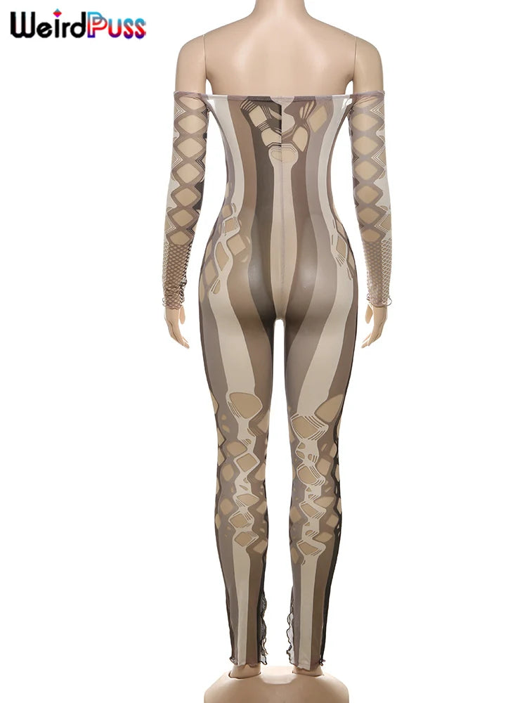 Weird Puss Sexy See Through Jumpsuit Women Fall Coquette Hollow Slash Neck Full Sleeve Stretch Midnight Club Workout Overalls