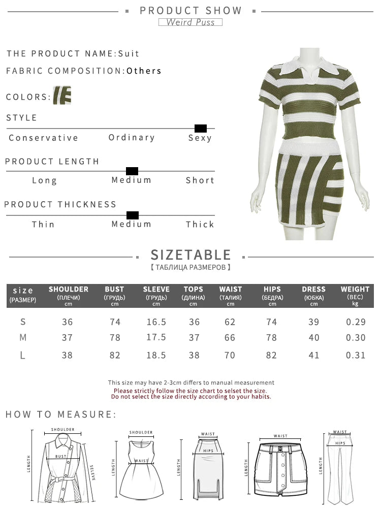 Girls Of Fashion Knit Striped Women Tracksuit 2 Piece Set Contrasting Color Stretch Polo Crop Tops+Irregular Skirts Streetwear Outfits