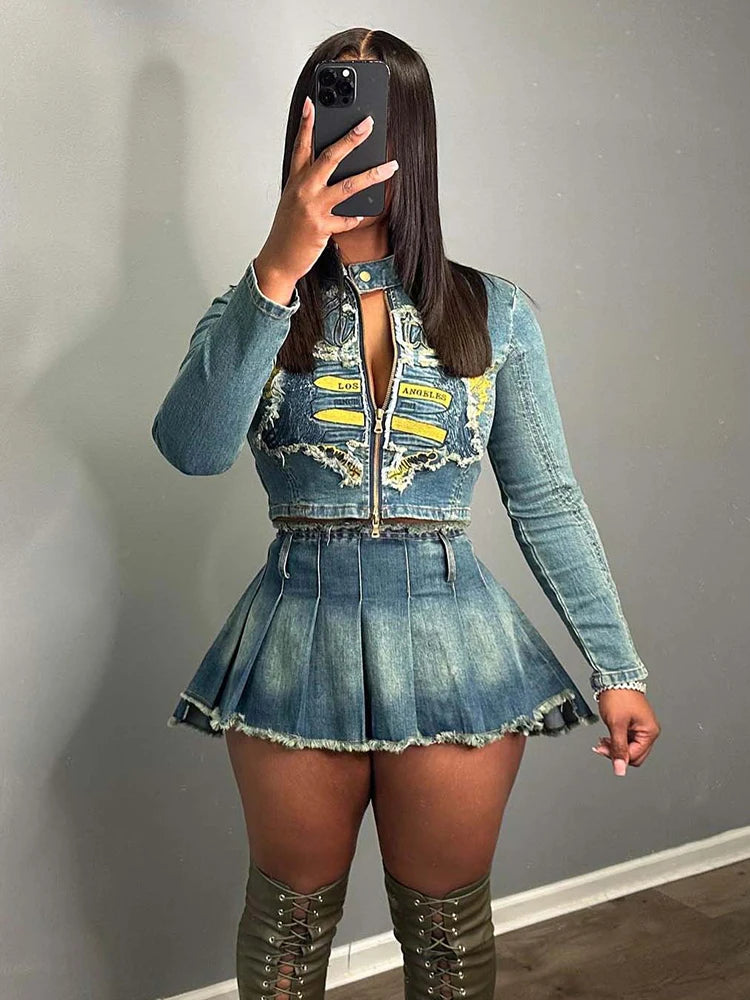 Weird Puss Y2K Denim 2 Piece Set Women Fall Ripped Letter Embroidery Zip Jacket+Pleated Skirt Matching Street Hipster Outfits