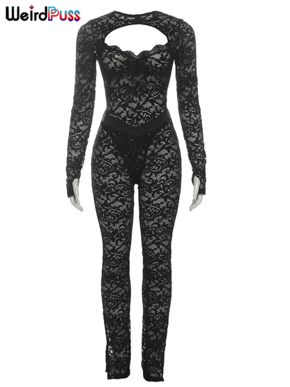 Weird Puss See Through 2 Piece Set Women Sexy  Hollow Jacquard Backless Bodysuit+Leggings Tight Activity Clubwear Skinny Outfits %