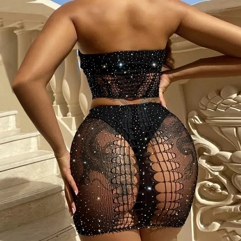 Weird Puss Sexy Summer Women 2 Piece Set Pearl Hollow See Through Midnight Coquette Strapless Tops+Skirts Matching Clubwear