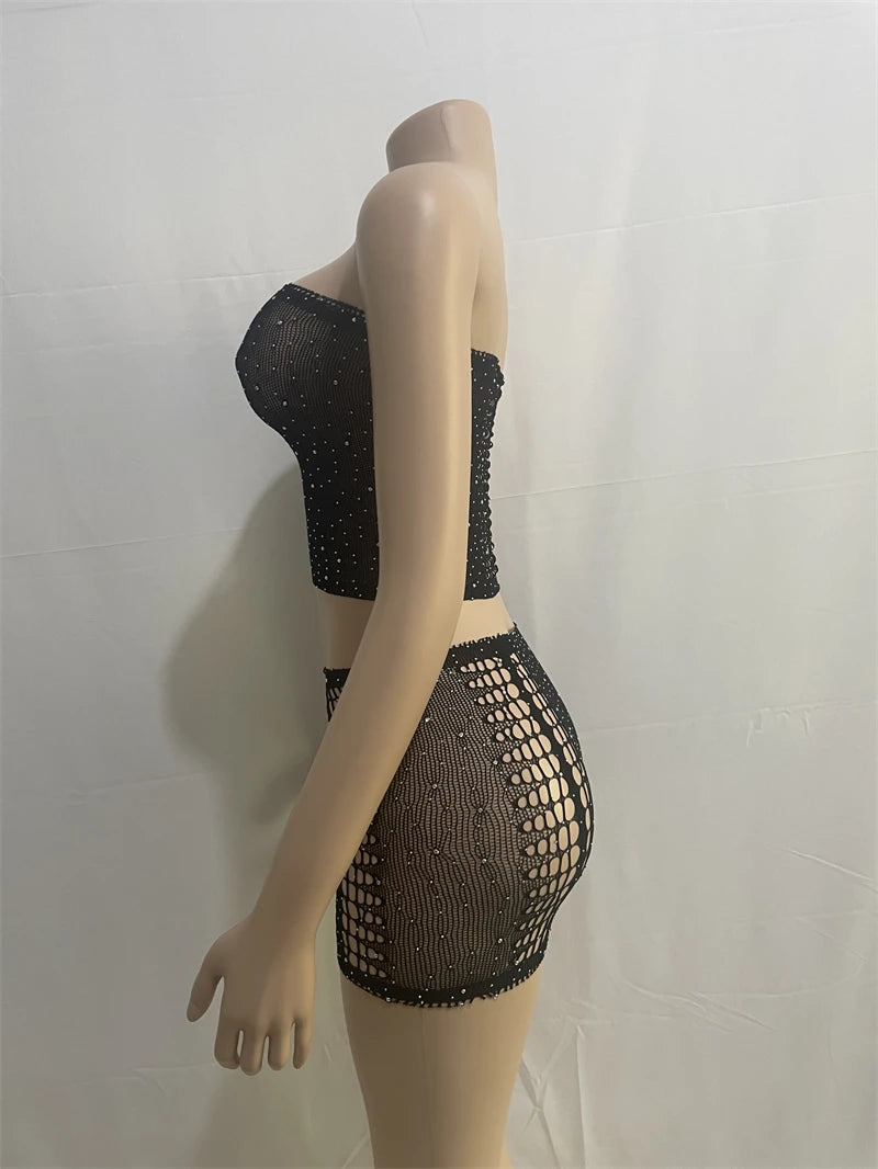 Weird Puss Sexy Summer Women 2 Piece Set Pearl Hollow See Through Midnight Coquette Strapless Tops+Skirts Matching Clubwear