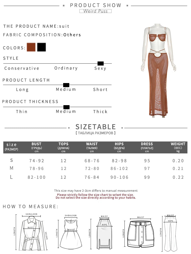 Weird Puss Knit Sexy Women 2 Piece Set Summer Trend Metal Chain Camisole+Bandage Long Skirts Vacation Matching Midnight Clubwear