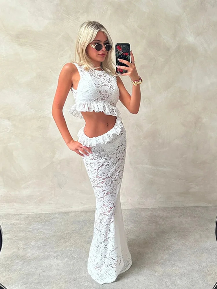 Girls Of Fashion See Through 2 Piece Set Women Sexy Coquette Ruffles Tank Tops+Maxi Skirts Matching Summer Clubwear Vacation Outfits