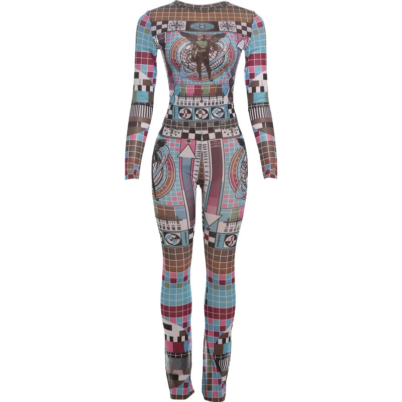 Girls Of Fashion Pixel Print Women 2 Piece Set Mesh Tracksuit Colorful Full Sleeve Crop Tops+Leggings Stretch Matching Street Outfits //