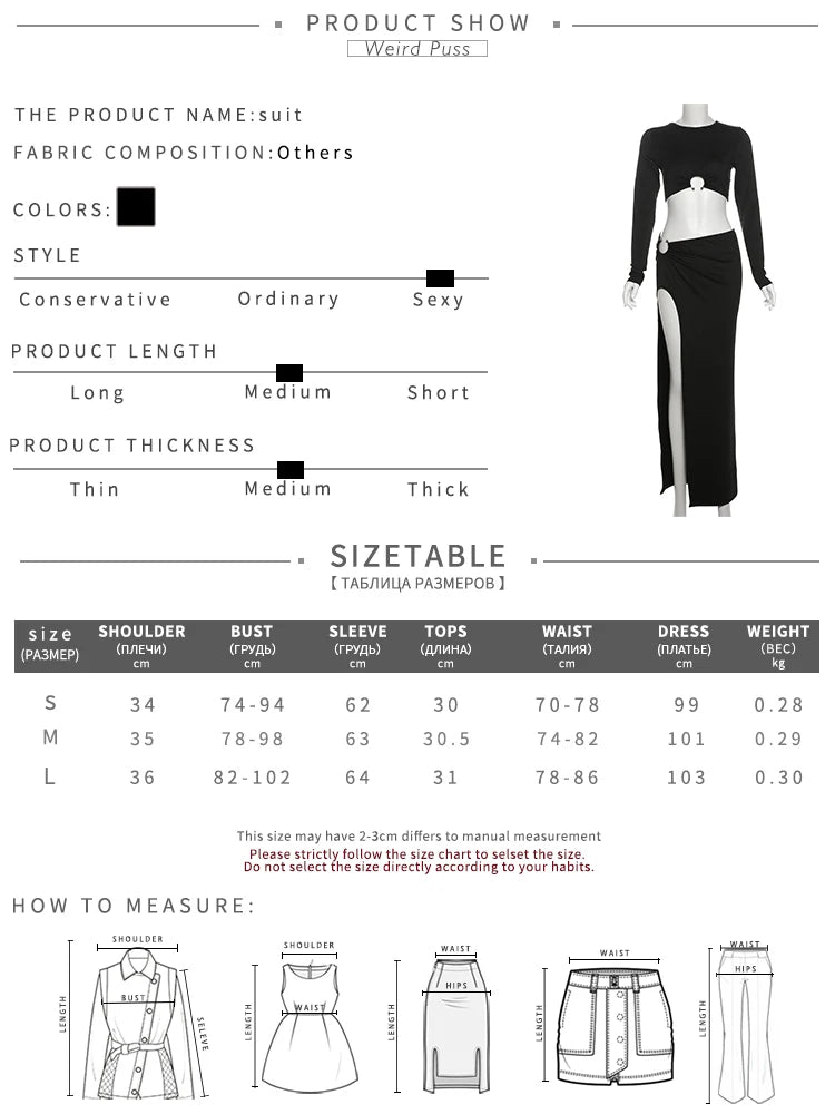 Weird Puss Sexy Metal Buckle 2 Piece Set Women Full Sleeve Solid Crop Tops+Pleats Slits Long Skirts Stretch Matching Club Suit