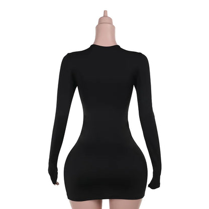 Girls Of Fashion Hollow Shirring Sexy Dress Women Hipster Full Sleeve Coquette Midnight Party Clubwear Stretch Skinny Mini Bodycon //