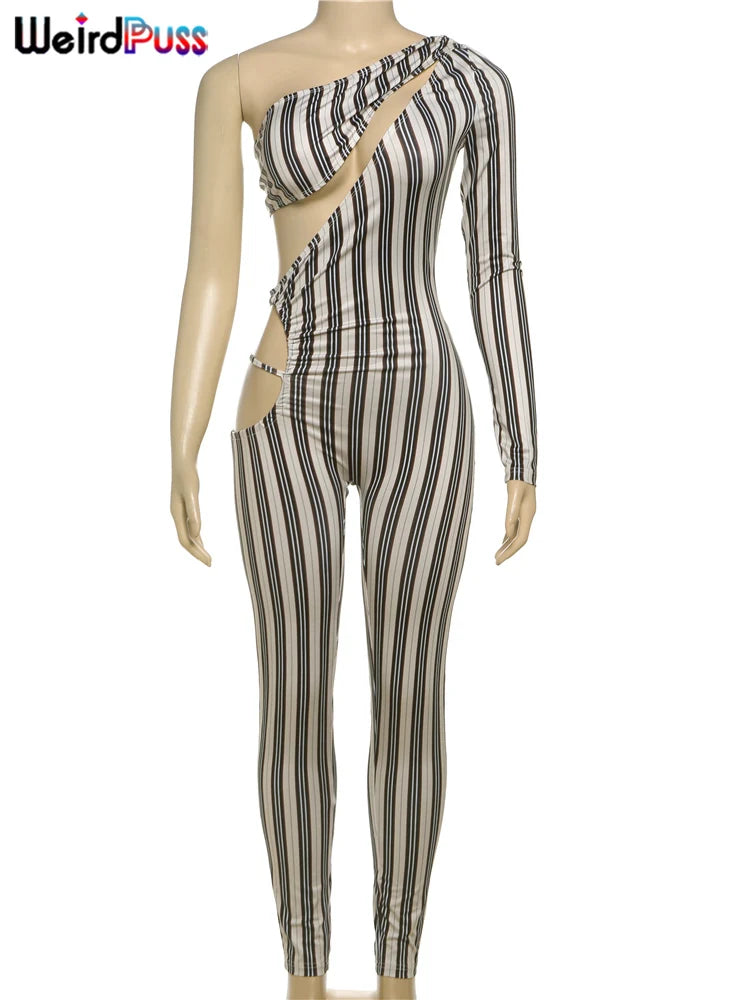 Weird Puss Sexy Hollow Jumpsuit Women Ruched Irregular Hipster Club Stripe Print Full Sleeve Midnight Activity Workout Overalls %