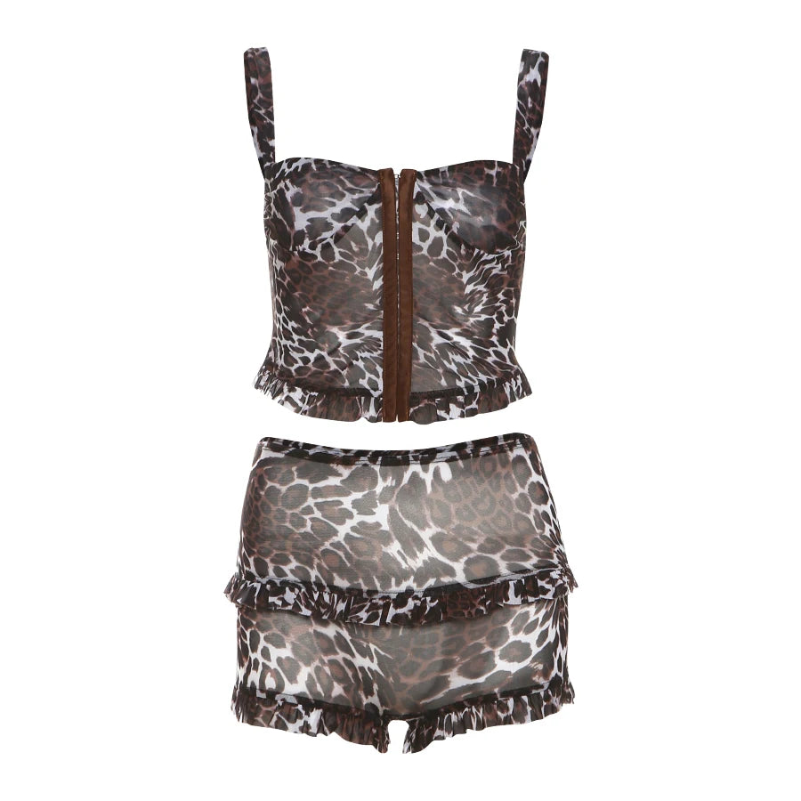 Weird Puss See Through Sexy 2 Piece Set Women Leopard Print Single-Breasted Camisole+Ruffles Shorts Summer Matching Clubwear