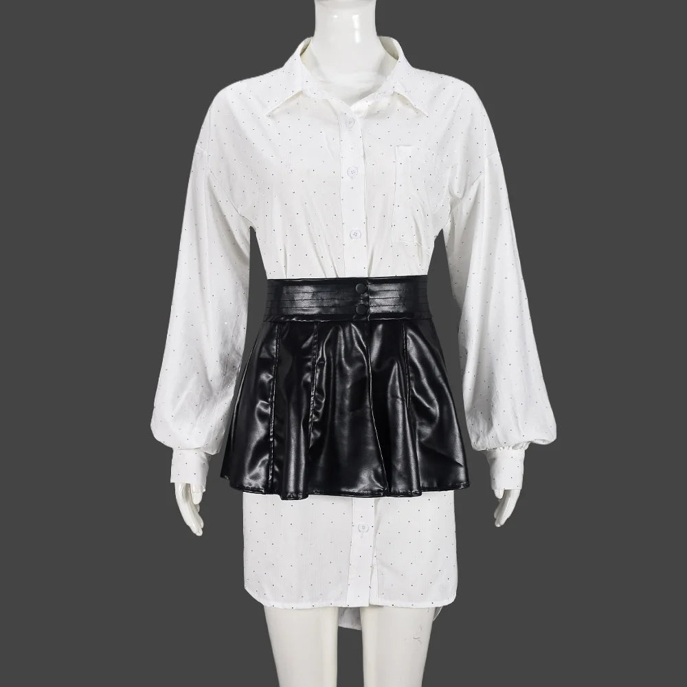 Girls Of Fashion Contrast Casual 2 Piece Set Women Rhinestones Single-Breasted Puff Sleeve Shirt+High-Waisted Leather Mini Skirts Suit