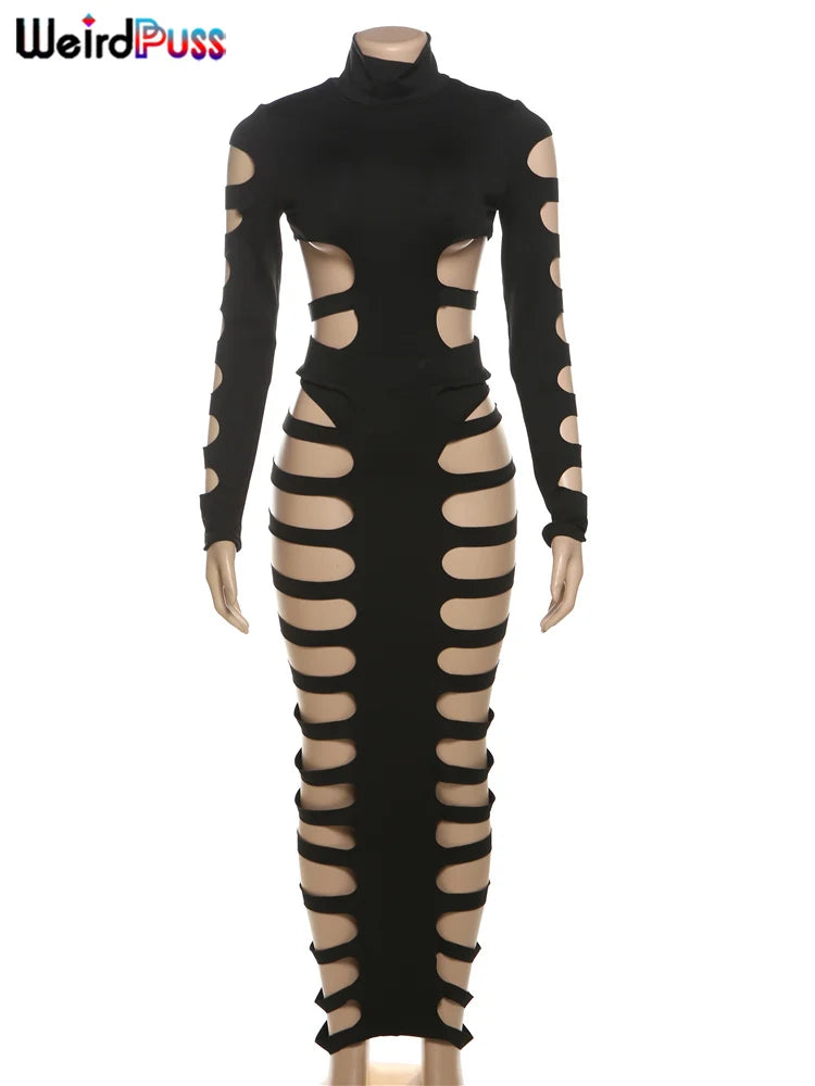 weird puss hollow sexy 2 piece set women fall midnight party club Rave full sleeve bodysuit tops+long skirts matching outfits