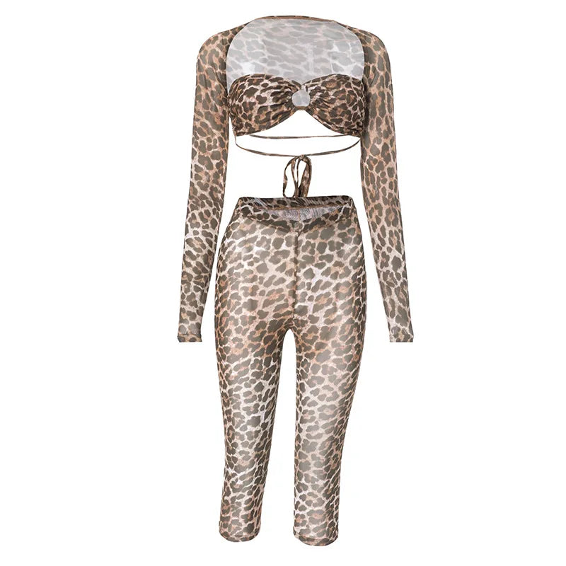 Weird Puss Leopard Print Women 3 Piece Set Thin Full Sleeve Shawl+Bandage Hollow Bra+Elastic Waist Pants Street Trend Wild Suit %