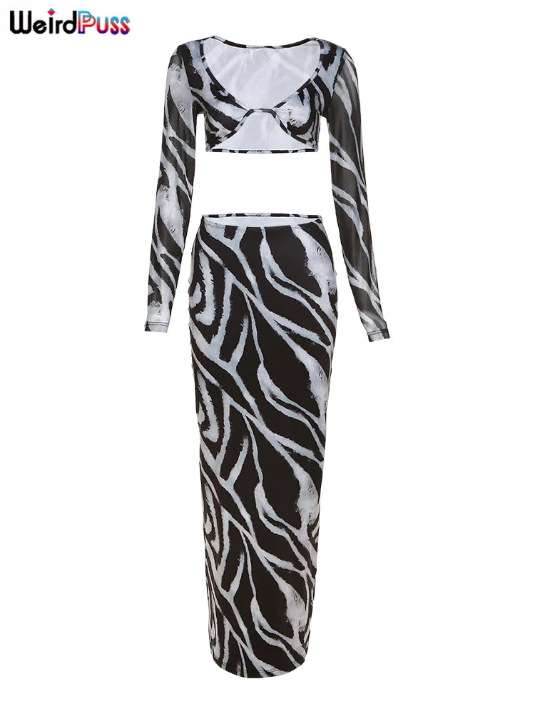 Weird Puss Zebra Print 2 Piece Set Long Sleeve Elegant Fashion Cut Crop Top+Maxi Skirts Matching Slim Coquette Clubwear Outfits