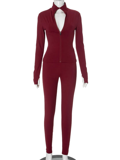 Weird Puss Casual Sporty 2 Piece Set Women Turtleneck Zipper Long Sleeve Jacket+Skinny Solid Straight Pants Workout Tracksuit