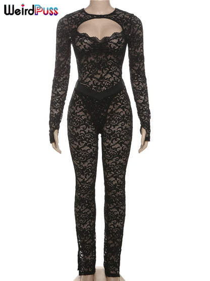 Weird Puss See Through 2 Piece Set Women Sexy  Hollow Jacquard Backless Bodysuit+Leggings Tight Activity Clubwear Skinny Outfits %