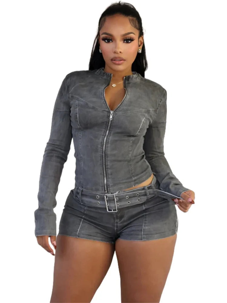 Weird Puss Distressed Denim 2 Piece Set Women Zipper Cardigan Full Sleeve Jacket+Sashes Patchwork Shorts Street Trend Chic Suits D4