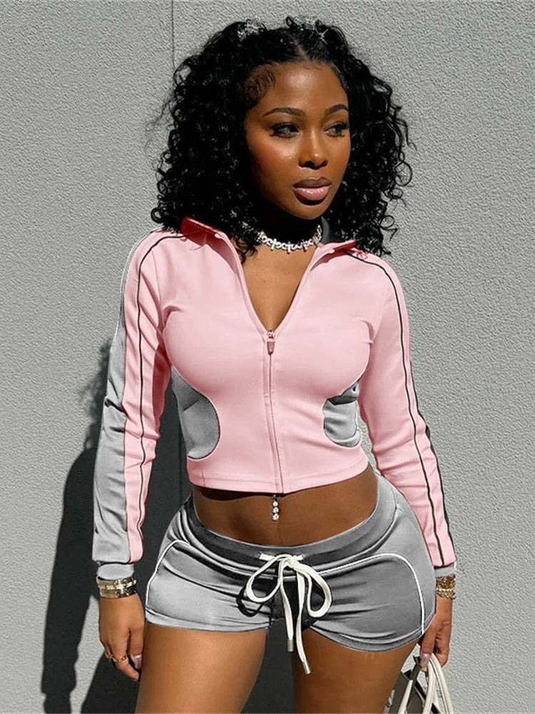 Weird Puss Tracksuit Women Patchwork 2 Piece Set Fall Trend Sporty Zipper Crop Jacket+Shorts Casual Hipster Matching Skinny Suit