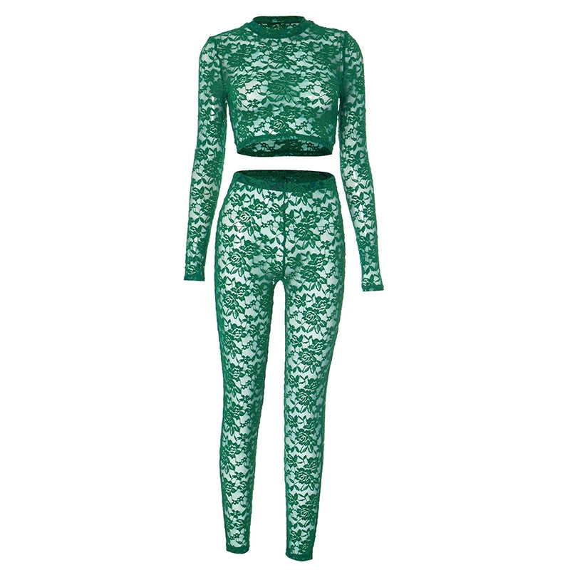 Weird Puss Sexy Jacquard 2 Piece Set Women See Through O-Neck Crop Tops+Leggings Skinny Stretch Matching Midnight Party Clubwear