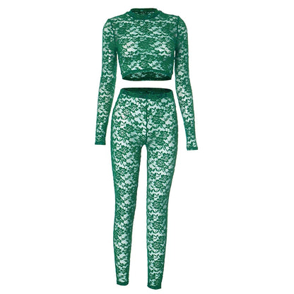 Weird Puss Sexy Jacquard 2 Piece Set Women See Through O-Neck Crop Tops+Leggings Skinny Stretch Matching Midnight Party Clubwear