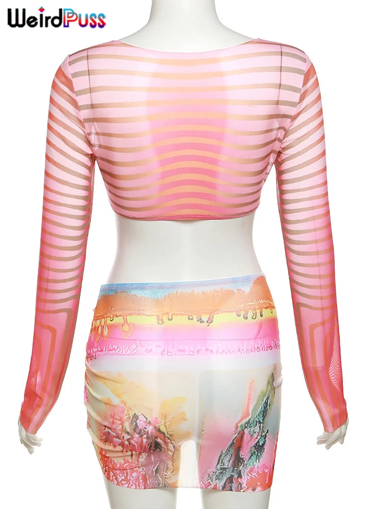 Girls Of Fashion See Through Women Sexy 2 Piece Set Midnight Striped Long Sleeve Crop Tops+Shirring Peach Hip Skirts Matching Clubwear