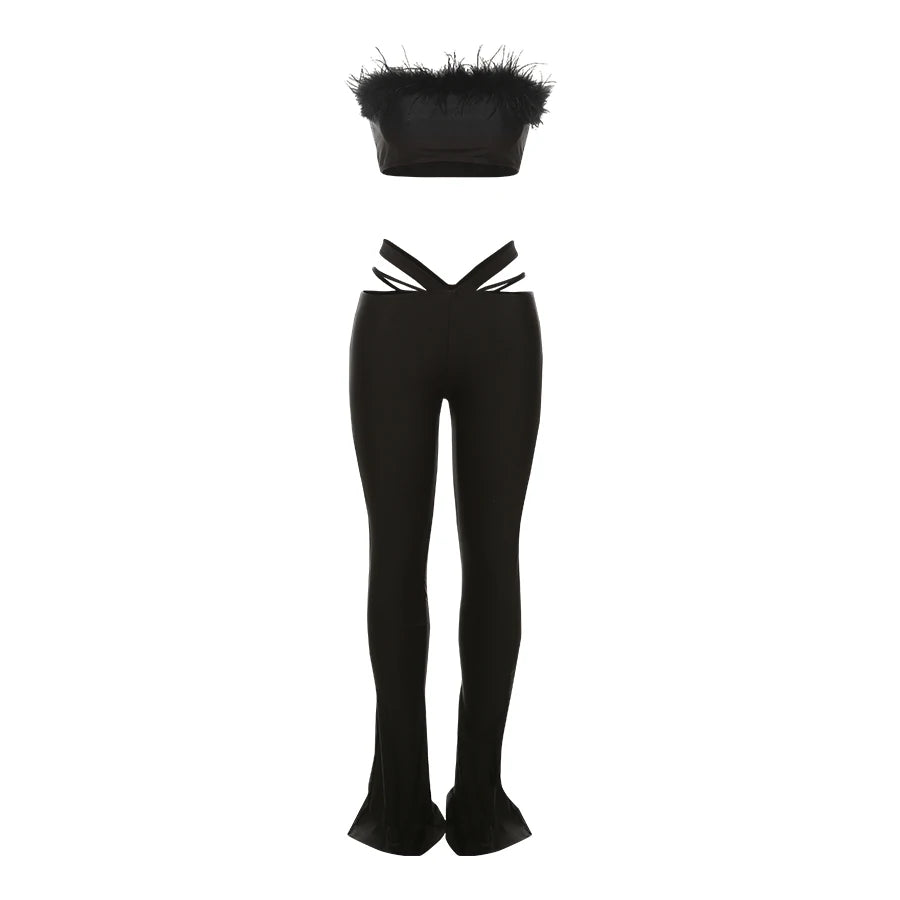 Weird Puss Sexy Women 2 Piece Set 2025 Summer Trend Feather Strapless Tops+High-Waisted Hollow Leggings Matching Clubwear Suits %