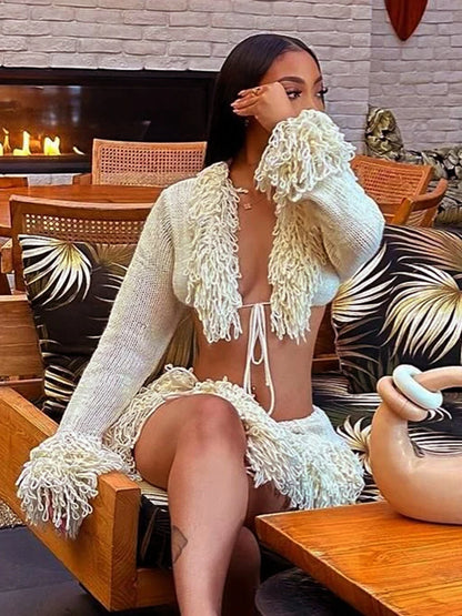 Weird Puss Crochet Tassel 2 Piece Set Women  Lace-Up Cardigan Full Sleeve Crop Tops+Irregular Slits Mini Skirt Sexy Hipster Suit %