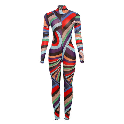 Girls Of Fashion Sexy Colorful Print Jumpsuit Women Mesh Zip Y2K Full Sleeve O-Neck Turtleneck Trend Skinny Stretch Workout Overalls //