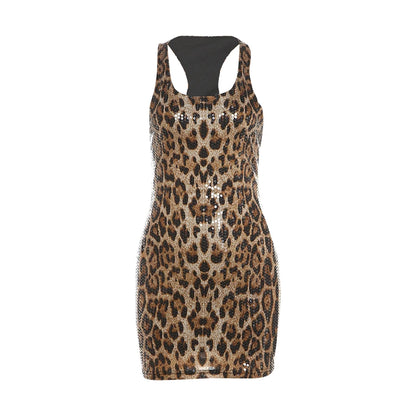 Weird Puss Tight Tank Dress Women Leopard Sequins Summer Trend Stretch Low-Neck Skinny Streetwear Birthday Party Mini Bodycon